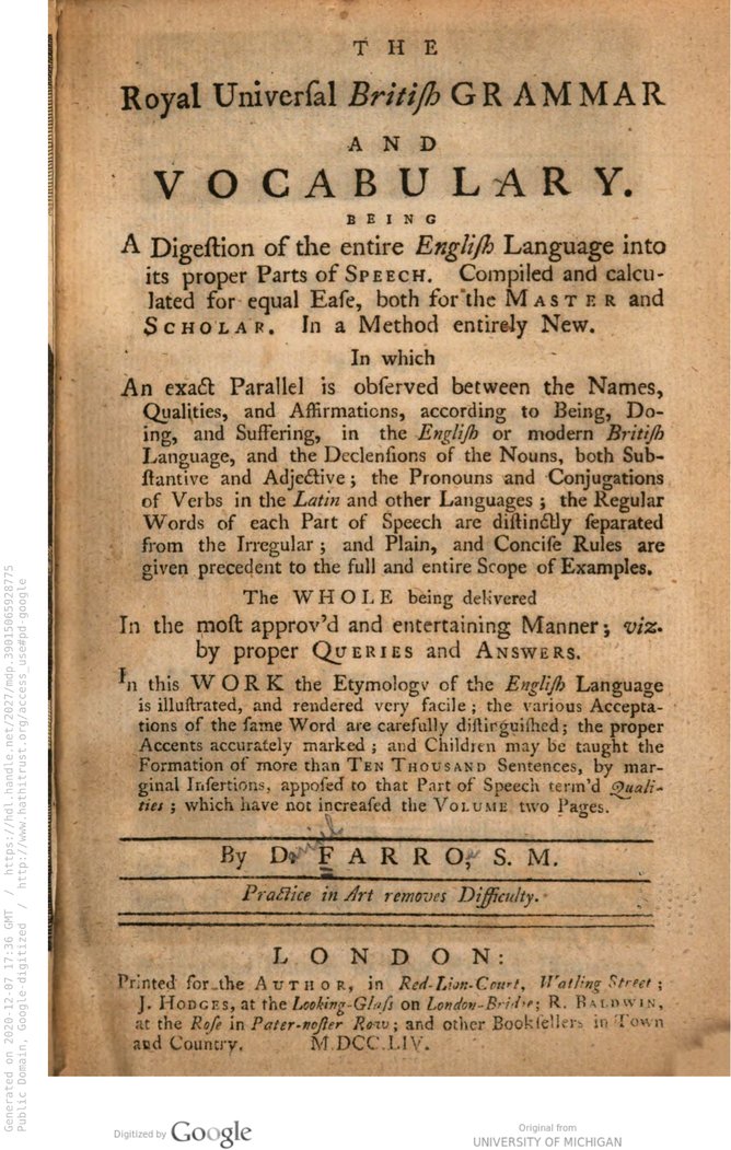 Title page of Daniel Farroe's The royal universal British grammar and vocabulary
