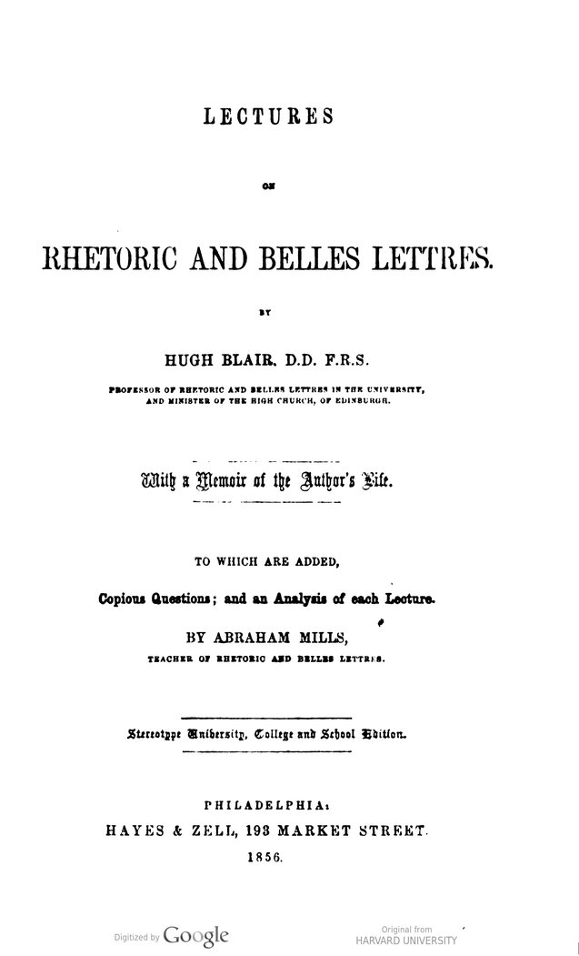 Title page of Hugh Blair and Abraham Mills, Lectures on Rhetoric and Belles Lettres