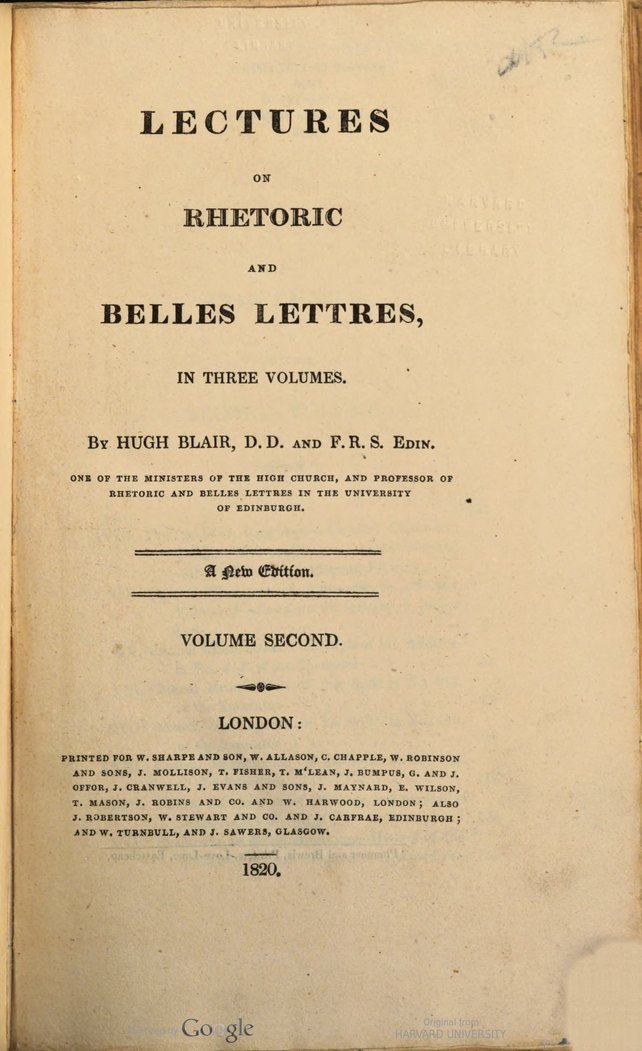 Title page of Hugh Blair's Lectures on Rhetoric and Belles Lettres, volume 2 of 3, new edition.