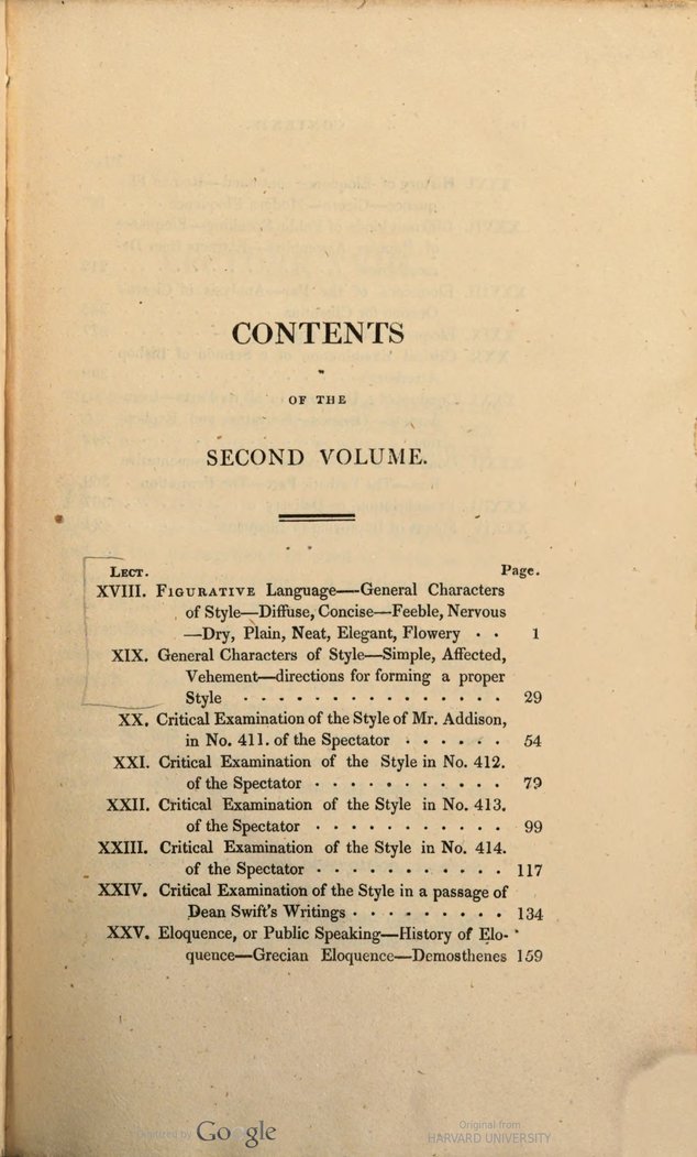 Contents page for Hugh Blair, Lectures on Rhetoric and Belles Lettres, volume 2 of 3, new edition.