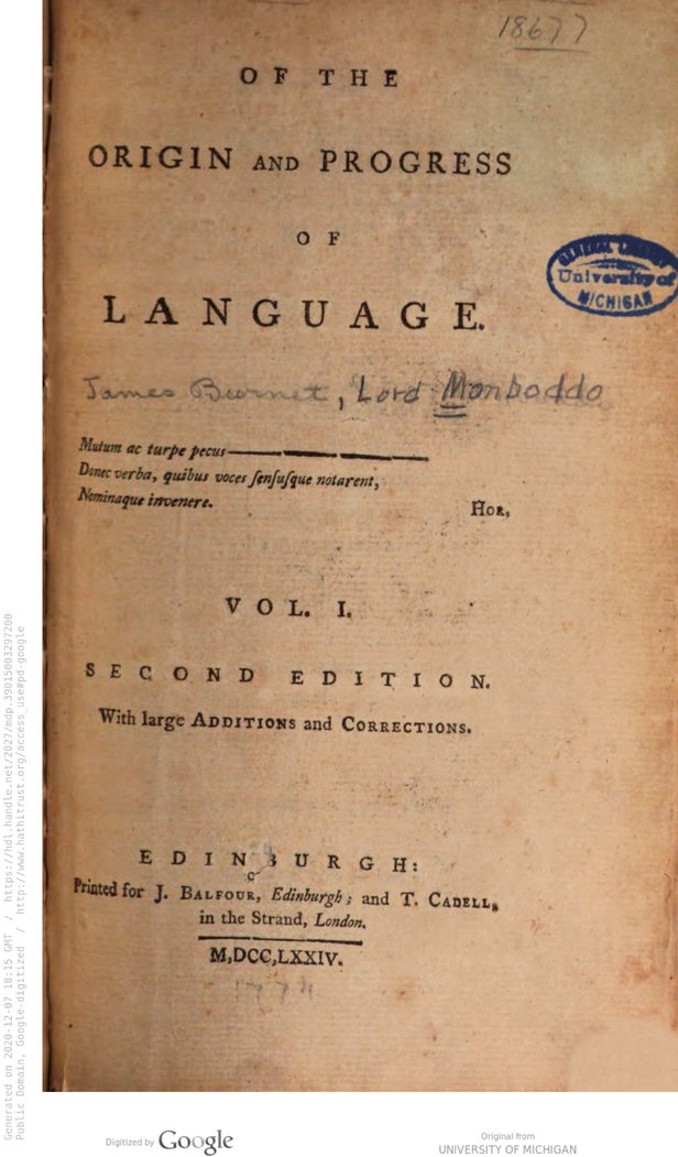 Title page of Lord James Monboddo's Of the origin and progress of language