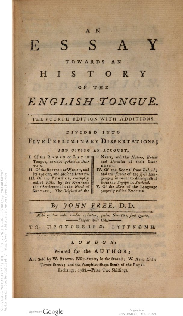 Title page of John Free’s An essay towards an history of the English tongue