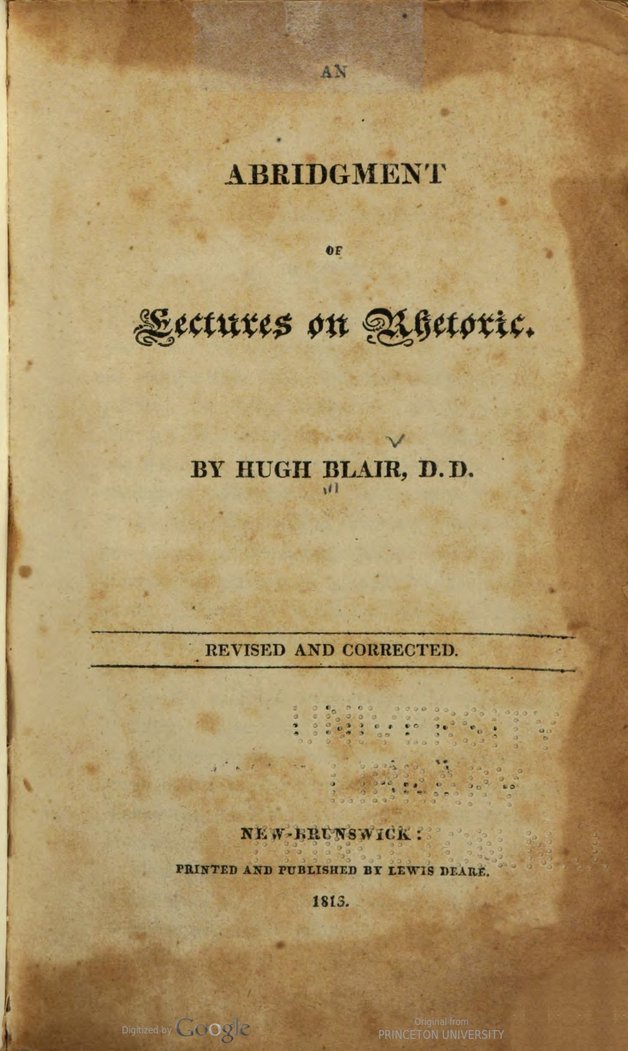 Title page of Hugh Blair, Abridgment of Lectures on Rhetoric