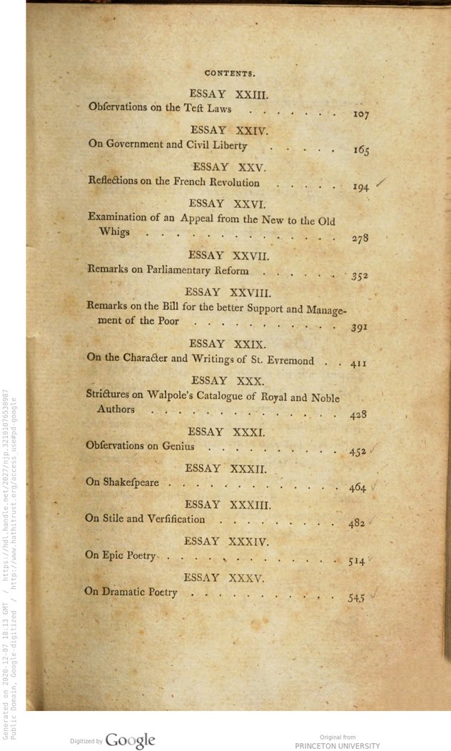 Contents page of William Belsham's Essays philosophical and moral, historical and literary