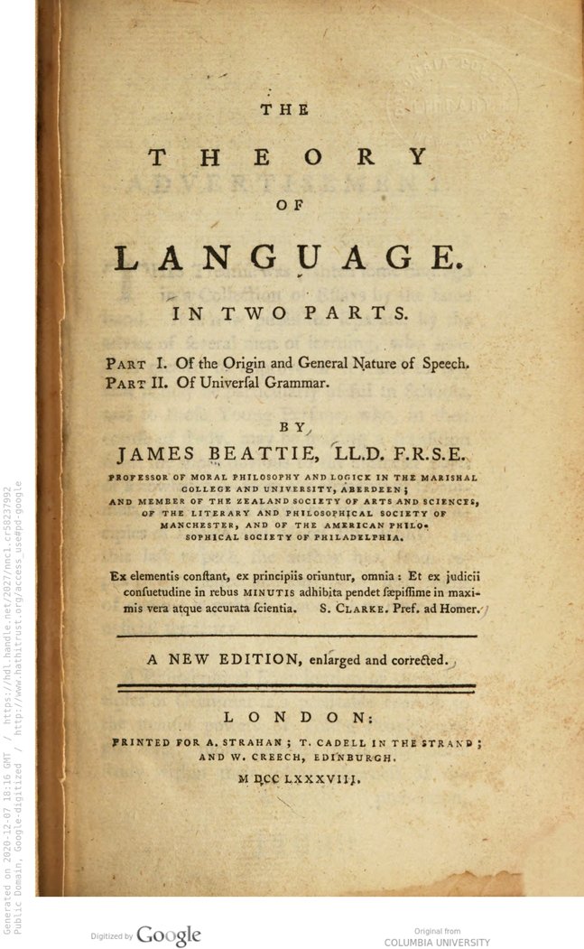 Title page of James Beattie’s The theory of language