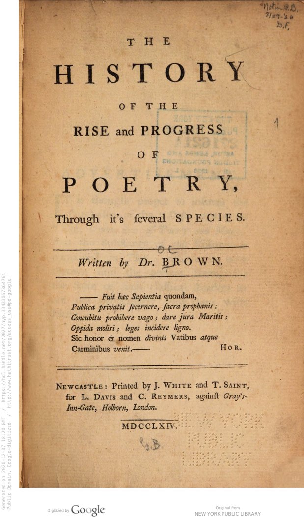 Title page of John Brown's The history of the rise and progress of poetry