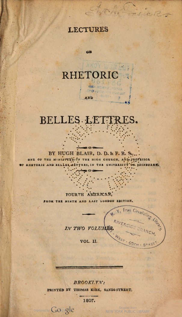 Title page of Hugh Blair's Lectures on Rhetoric and Belles Lettres, volume 2 of 2, fourth American edition.