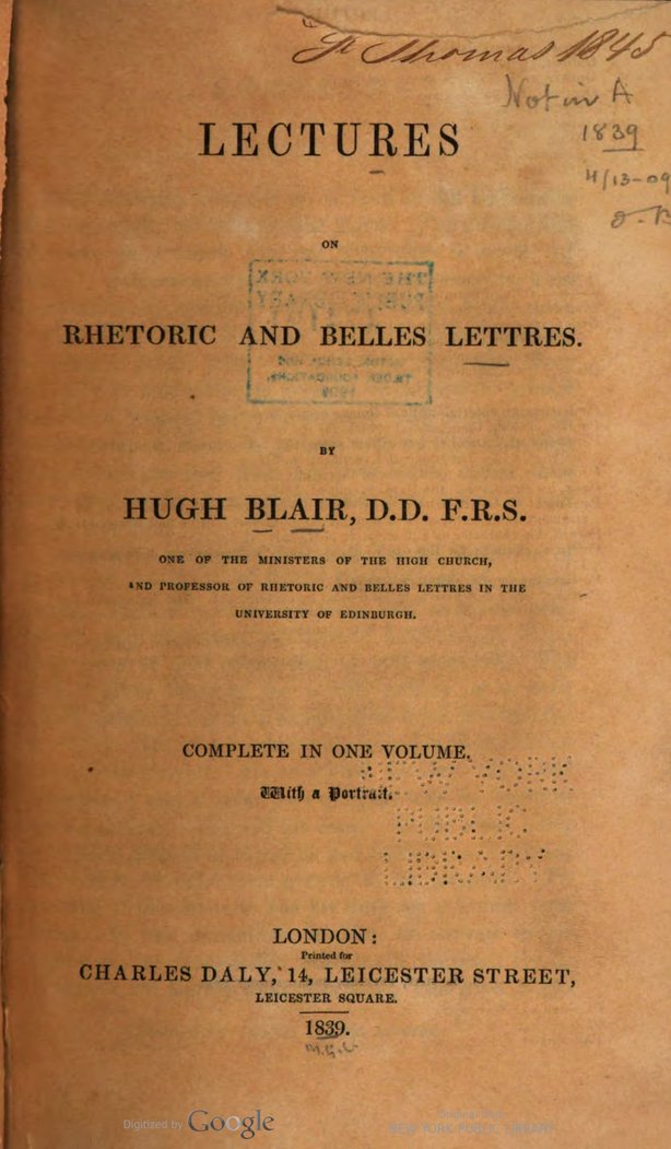 Title page of Hugh Blair, Lectures on Rhetoric and Belles Lettres, Complete in One Volume